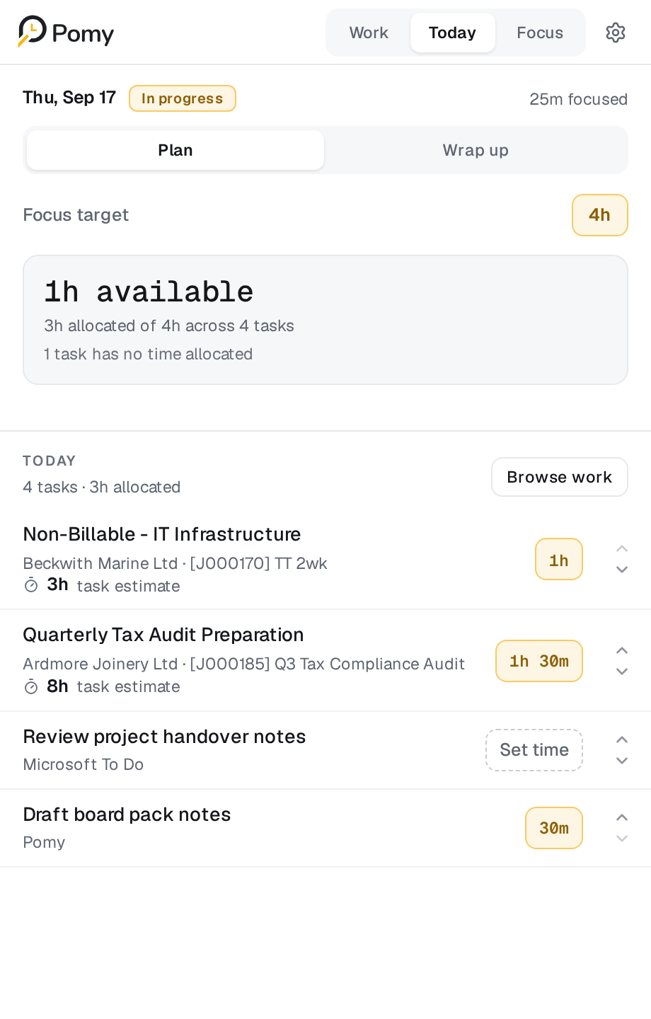 Pomy Today — Plan screen